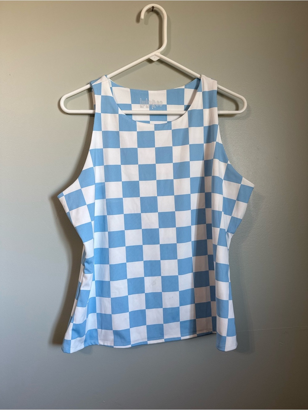 LuLaRoe Jules Tank Top XL Light Blue White Checkerboard Scuba Knit